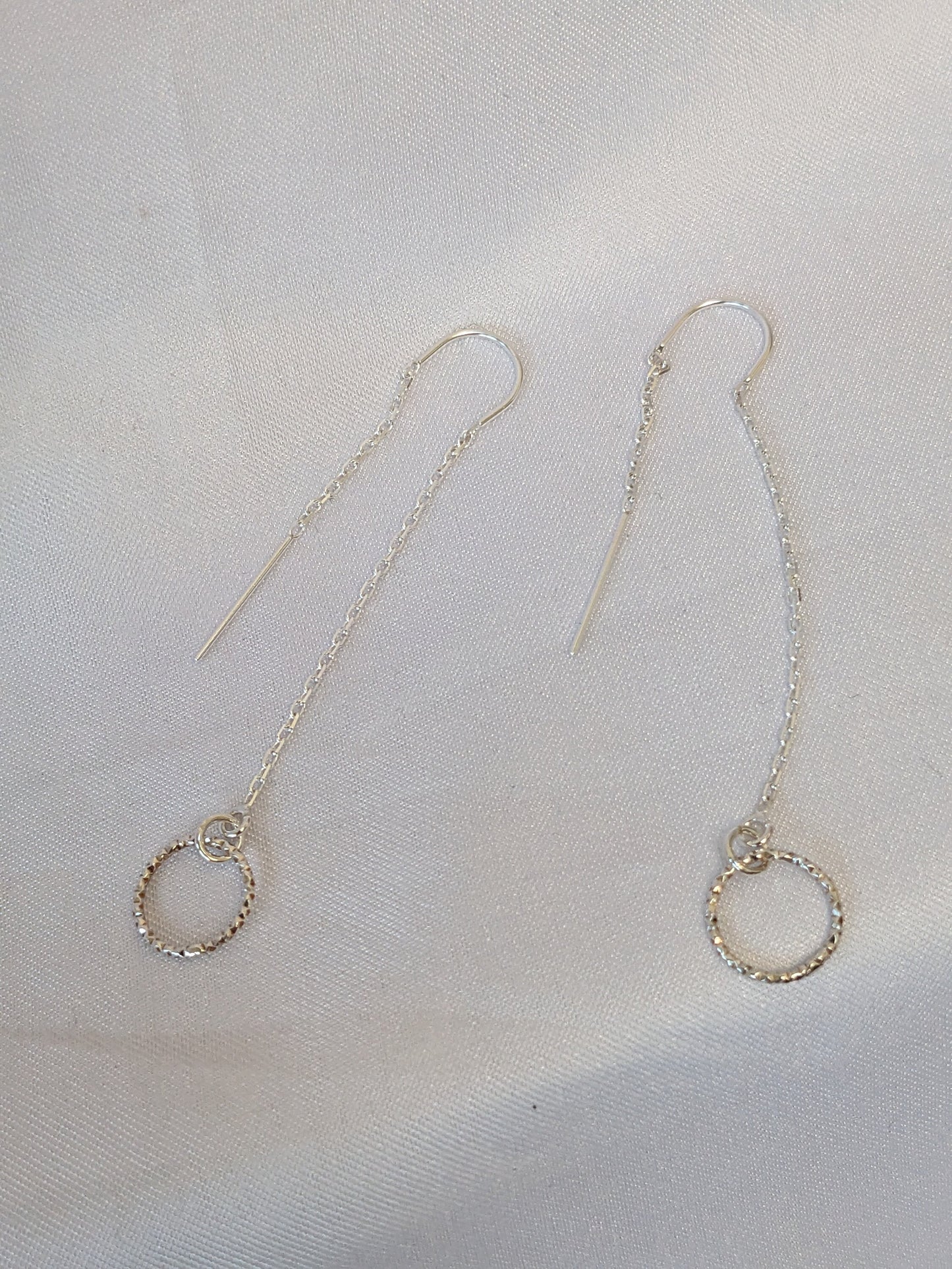 Sterling silver sparkly threader earrings with U bar and circle charm