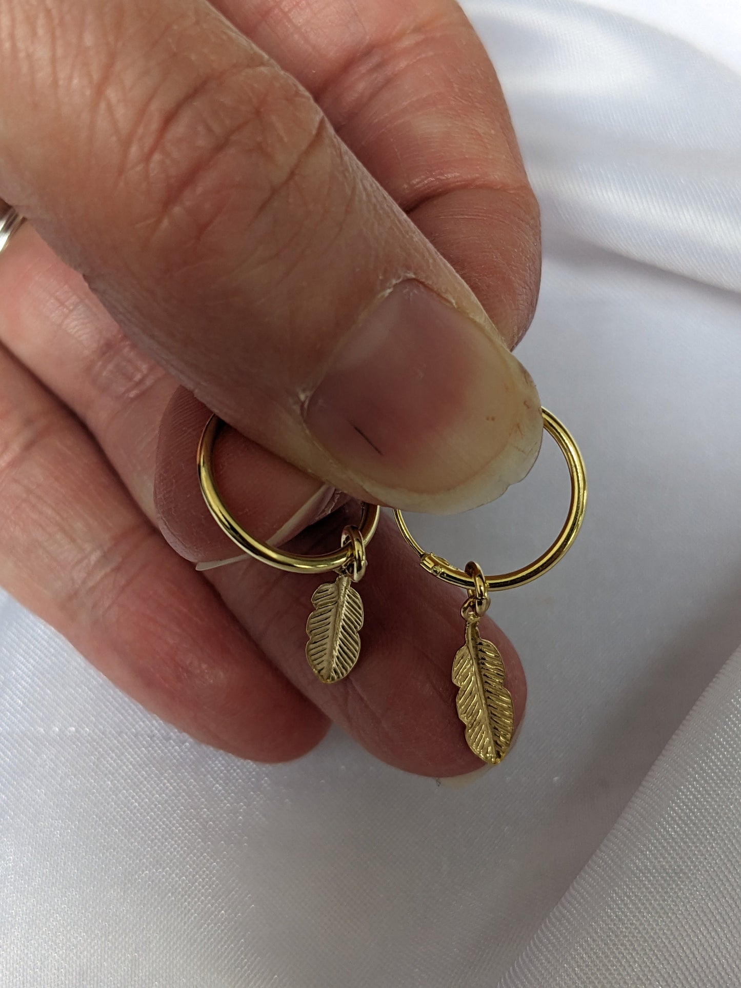 Small Silver and Gold Feather Hoop Earrings | 14mm Hoop Earrings with Feather Charms