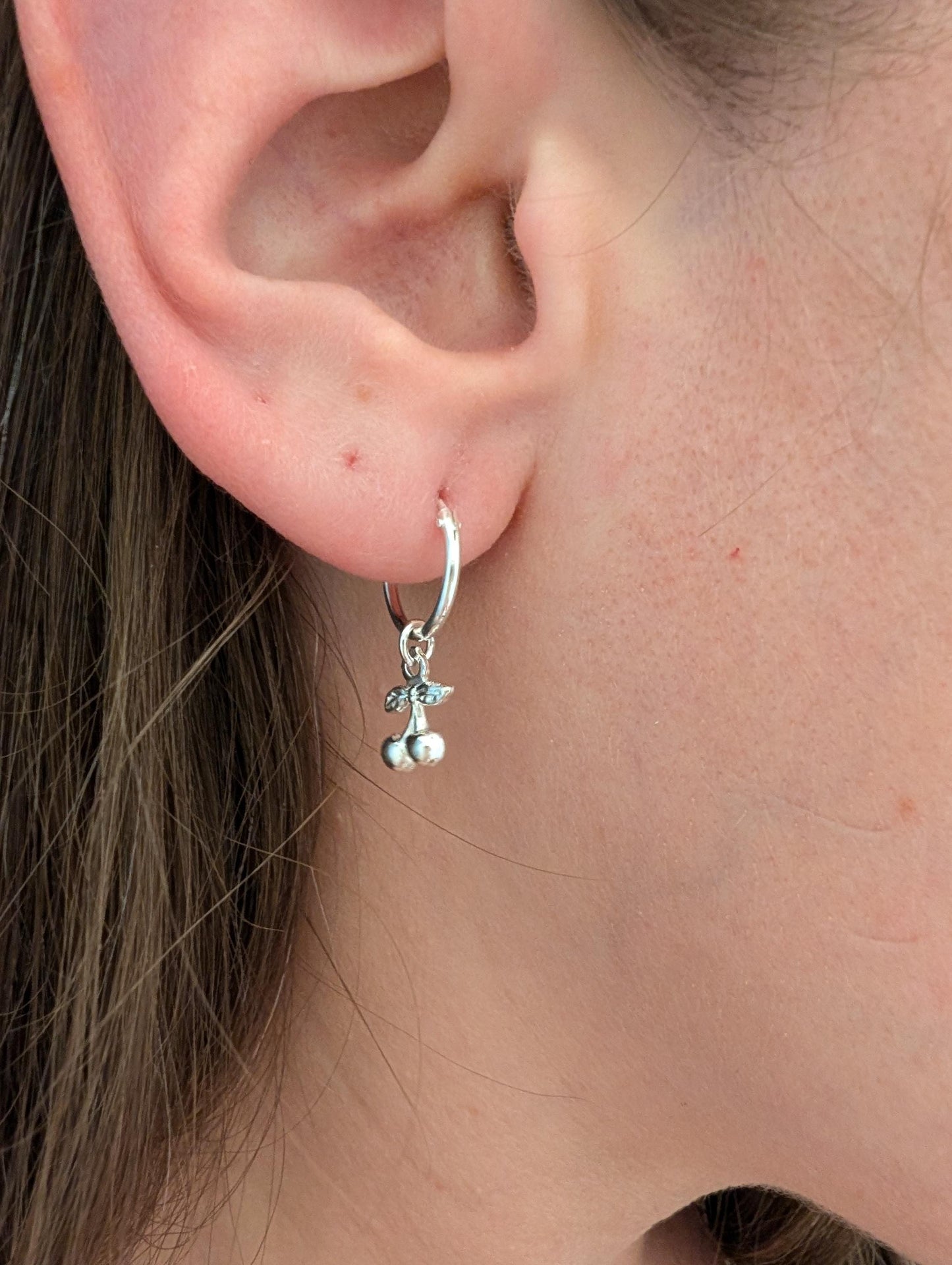 Cute sterling silver cherry on small hoops, cherry lover jewellery gift