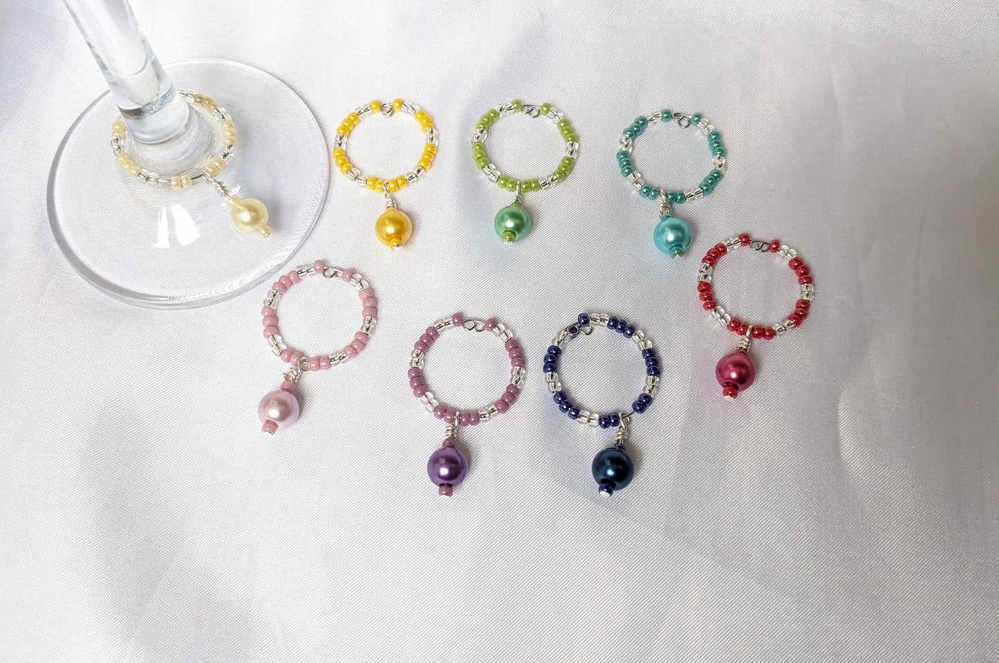Coloured Wine Glass Charms - Wire Wrapped Pearlescent Glass Bead Wine Glass Charms