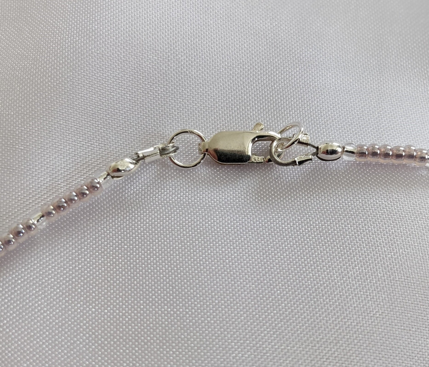 Light silvery amethyst tone tiny glass seed bead necklace | sterling silver findings