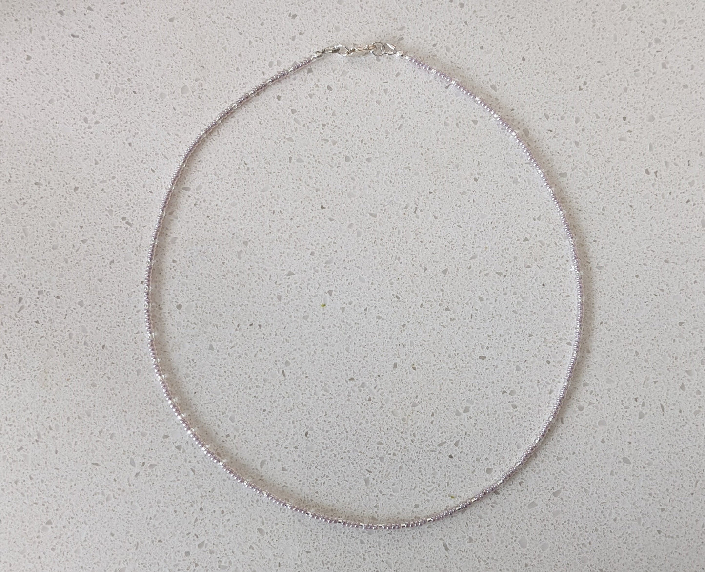 Light silvery amethyst tone tiny glass seed bead necklace | sterling silver findings