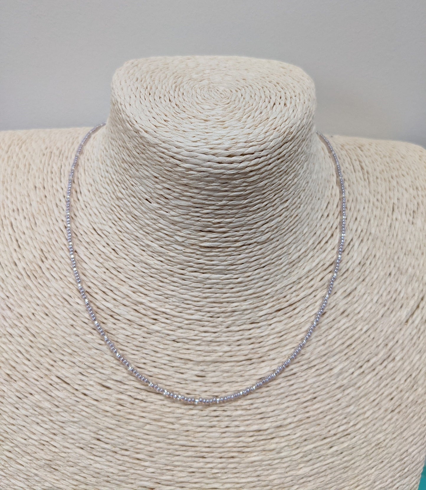 Light silvery amethyst tone tiny glass seed bead necklace | sterling silver findings