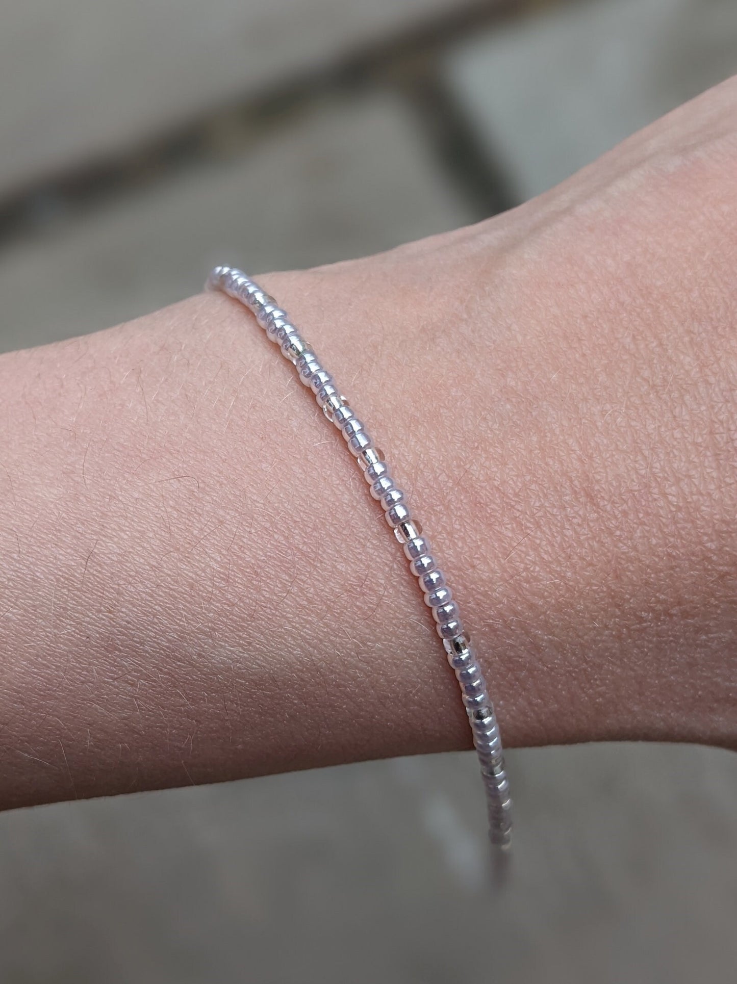 Light silvery amethyst tone tiny glass seed bead necklace | sterling silver findings
