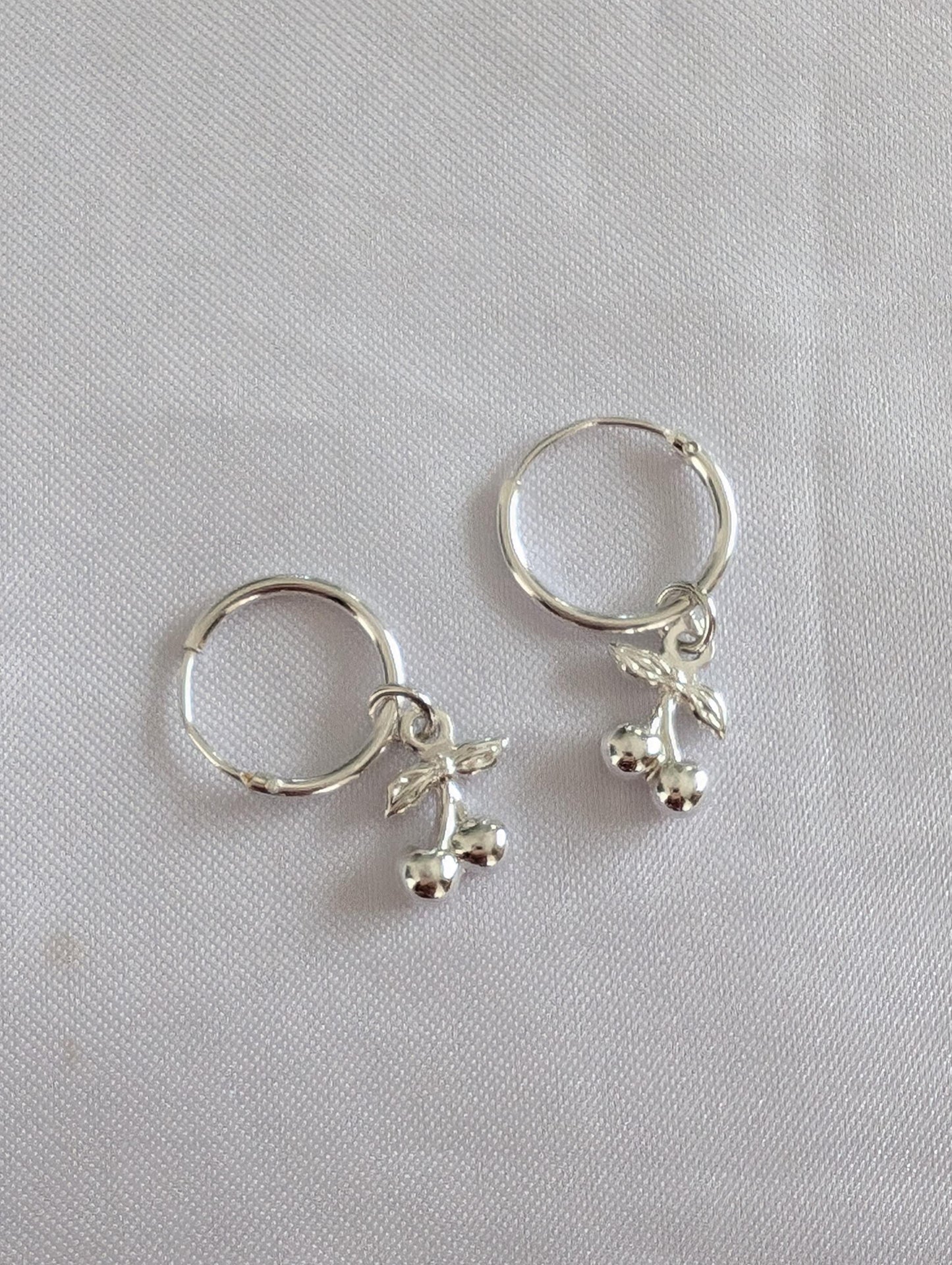 Cute sterling silver cherry on small hoops, cherry lover jewellery gift