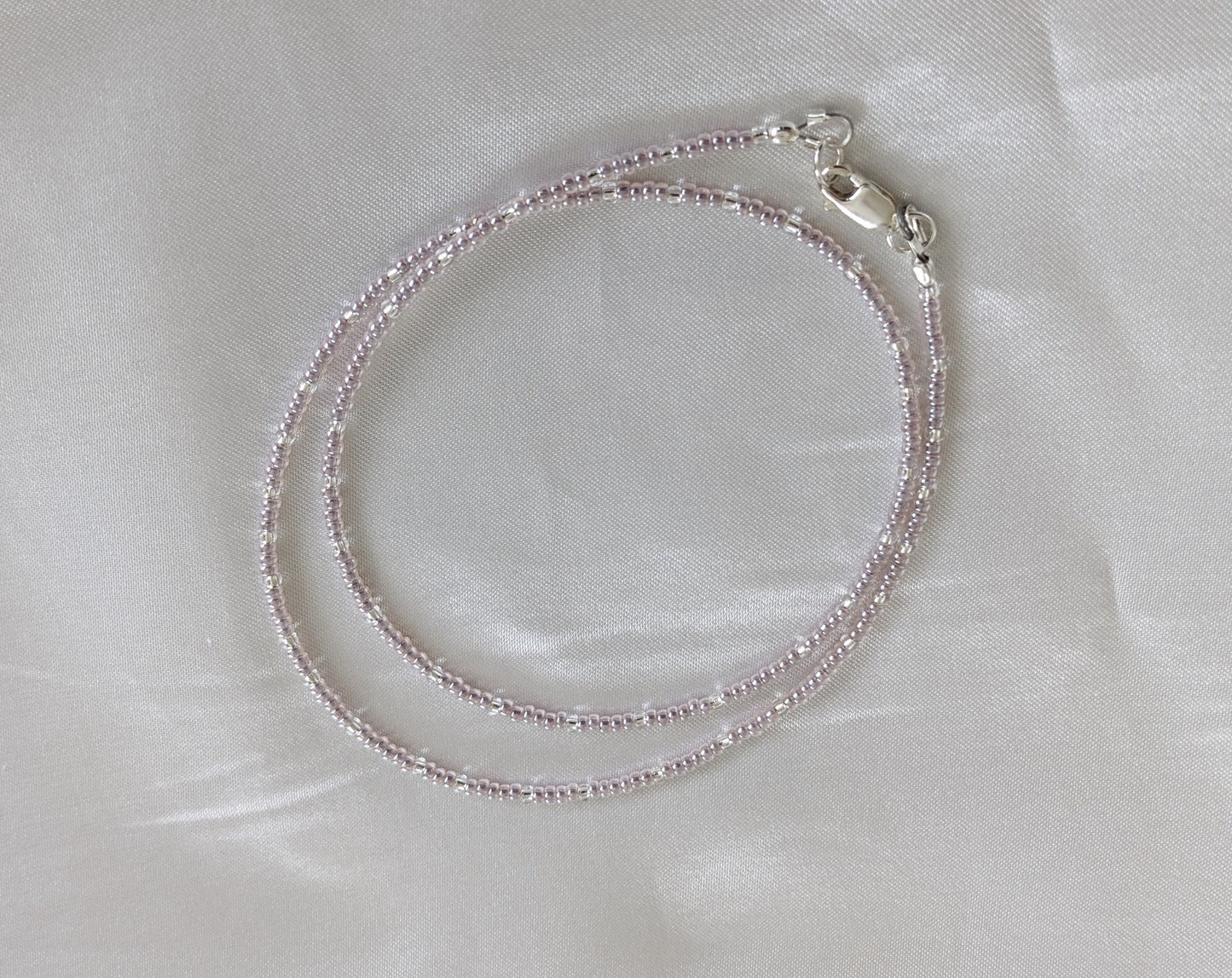 Light silvery amethyst tone tiny glass seed bead necklace | sterling silver findings