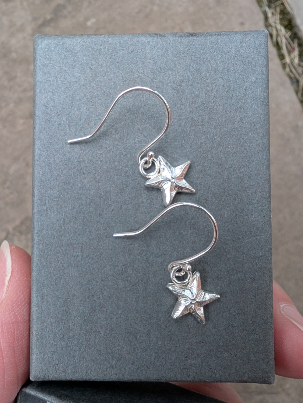 Sterling Silver Dainty Starfish Earrings | Cute recycled silver starfish dangle earrings