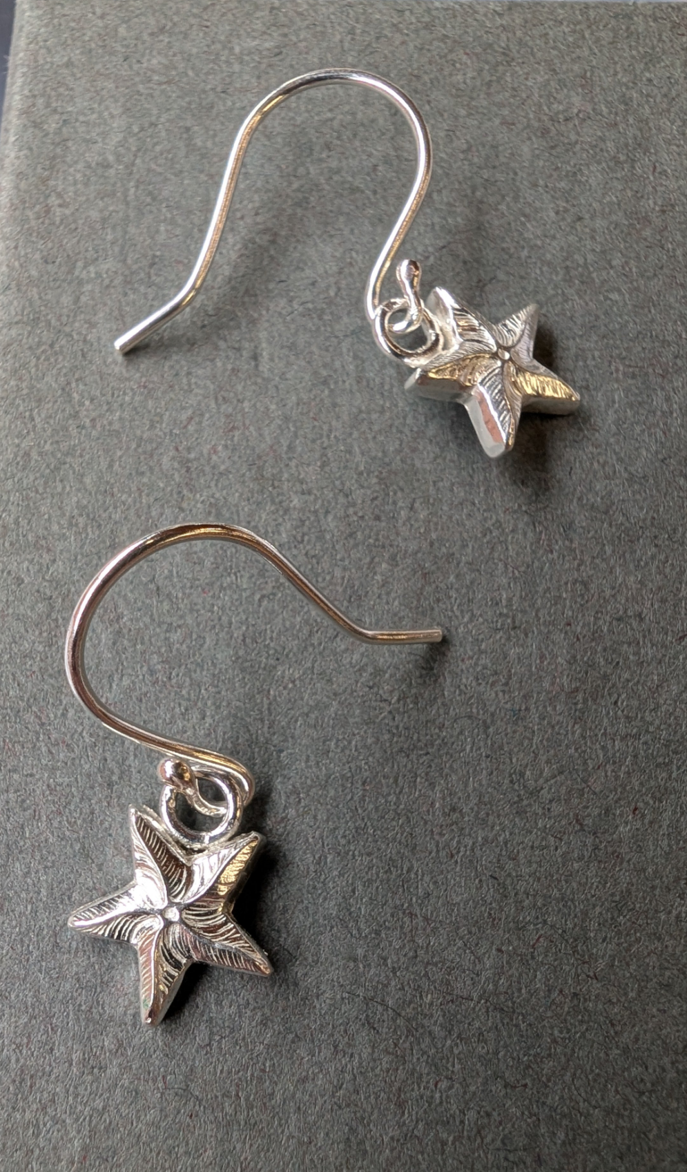 Sterling Silver Dainty Starfish Earrings | Cute recycled silver starfish dangle earrings