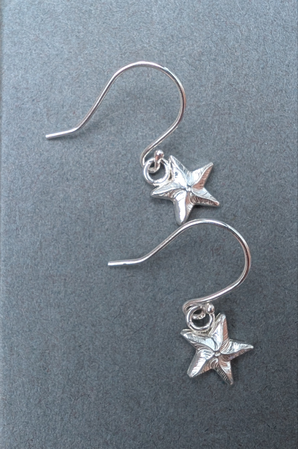 Sterling Silver Dainty Starfish Earrings | Cute recycled silver starfish dangle earrings