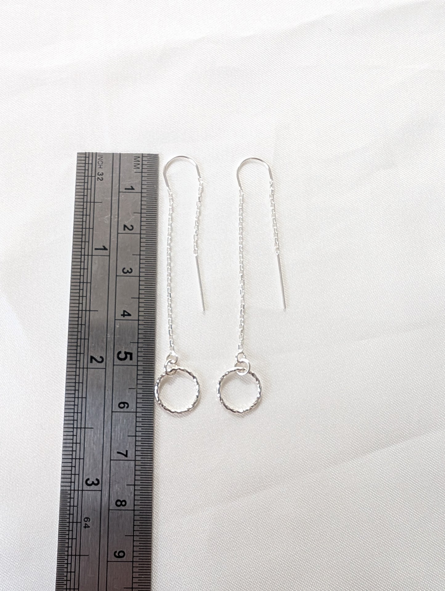 Sterling silver sparkly threader earrings with U bar and circle charm