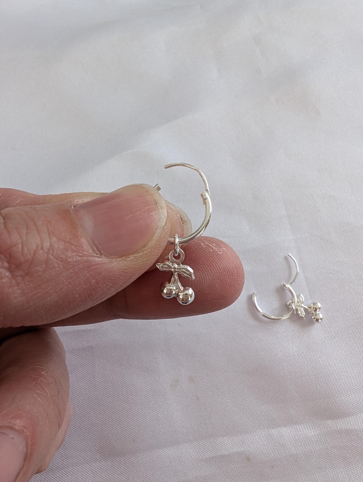 Cute sterling silver cherry on small hoops, cherry lover jewellery gift