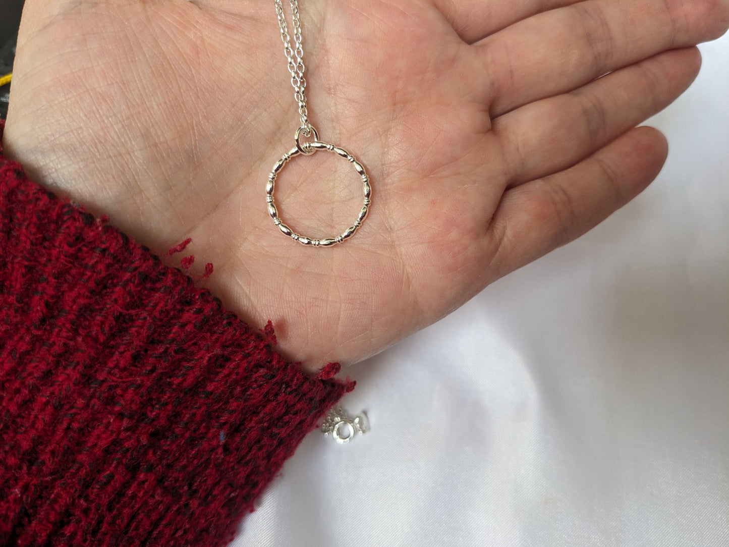 Sterling silver patterned geometric circle tactile necklace, handmade sterling silver pendant