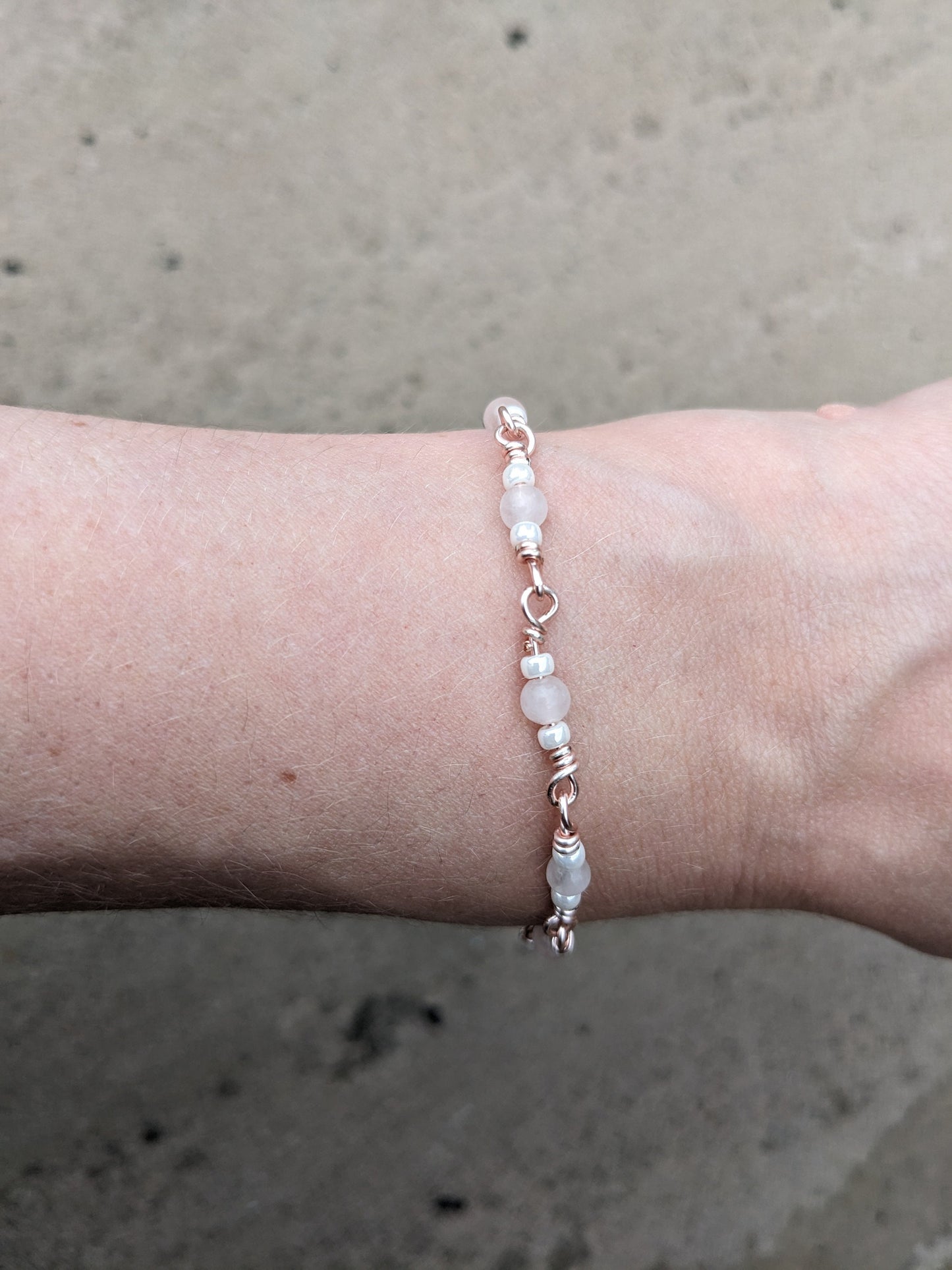 Handmade Chain - Rose Quartz and Glass Pearl Beads - Rose Gold Chain