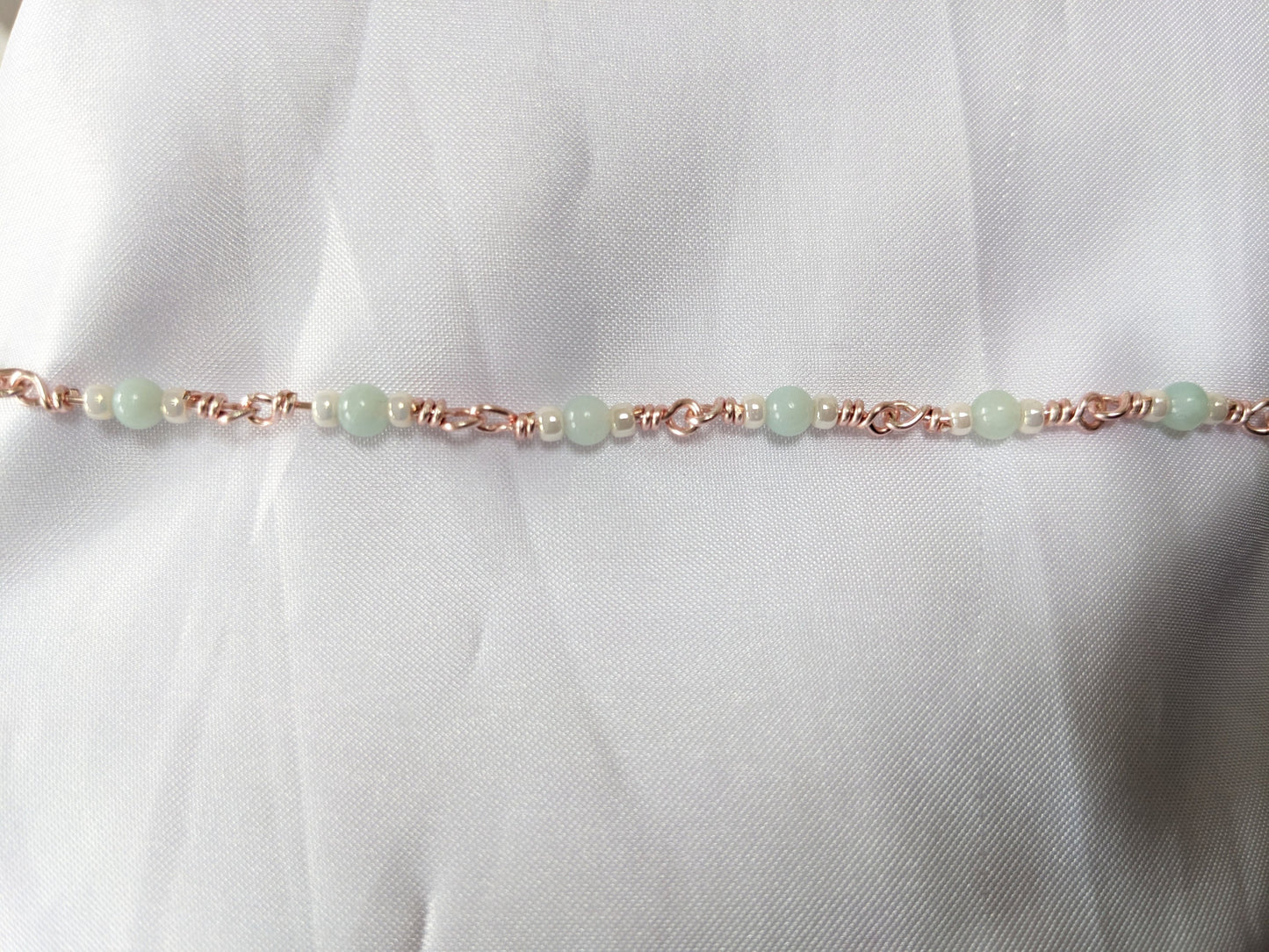 Handmade rose gold coloured chain with Amazonite and glass beads