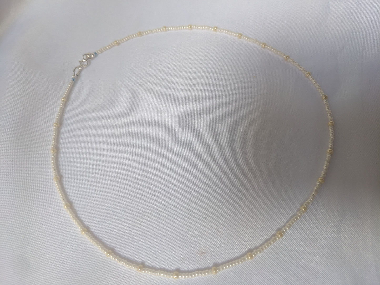 Seed Bead Pearl Necklace With Blue Accent Beads - Dainty Bridal Necklace