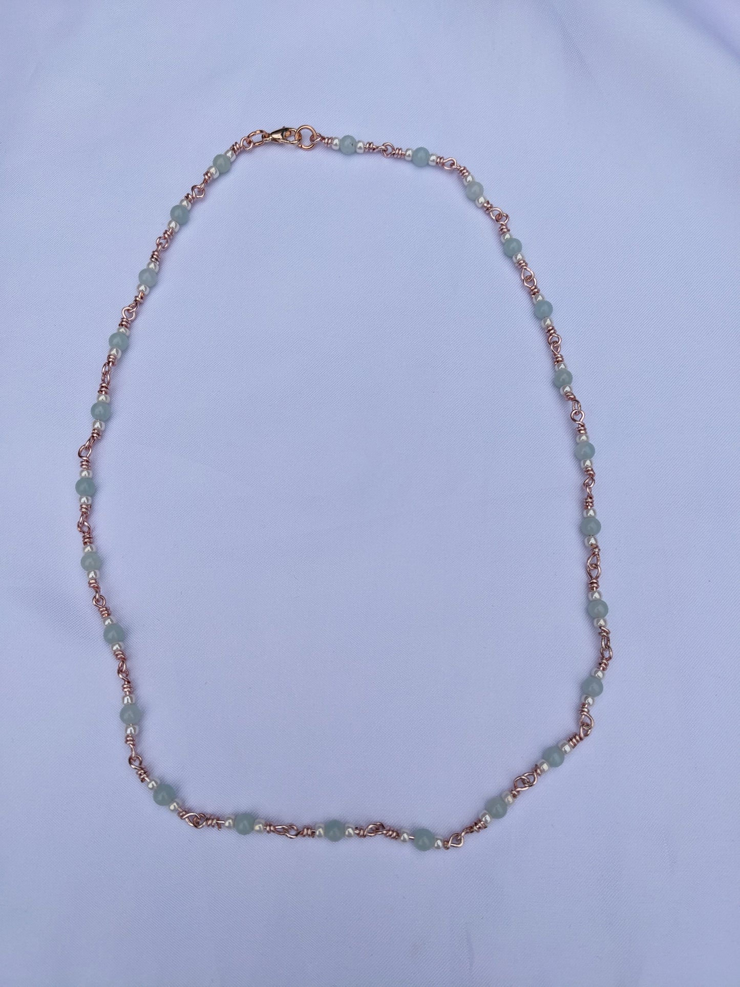 Handmade rose gold coloured chain with Amazonite and glass beads