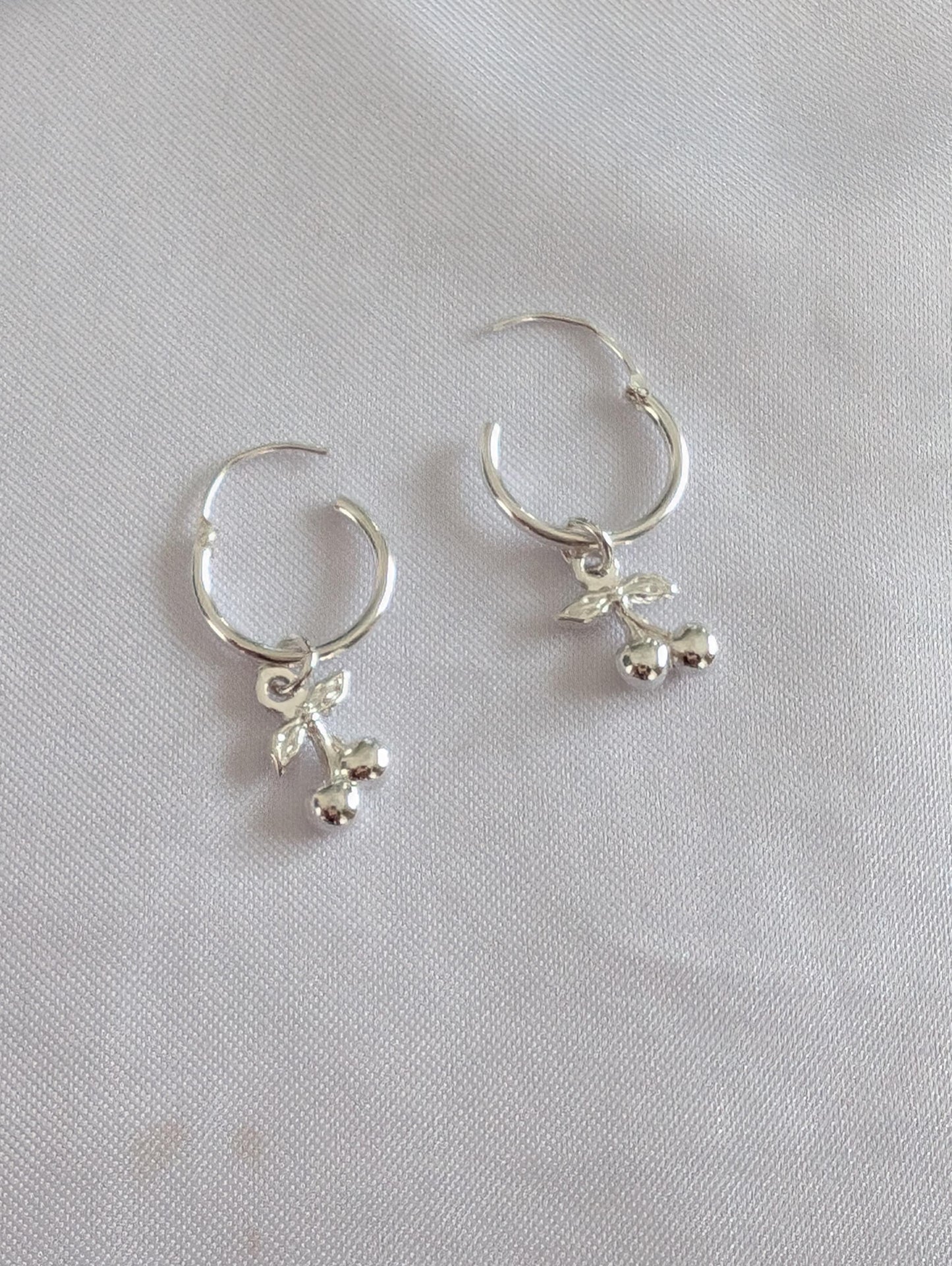 Cute sterling silver cherry on small hoops, cherry lover jewellery gift