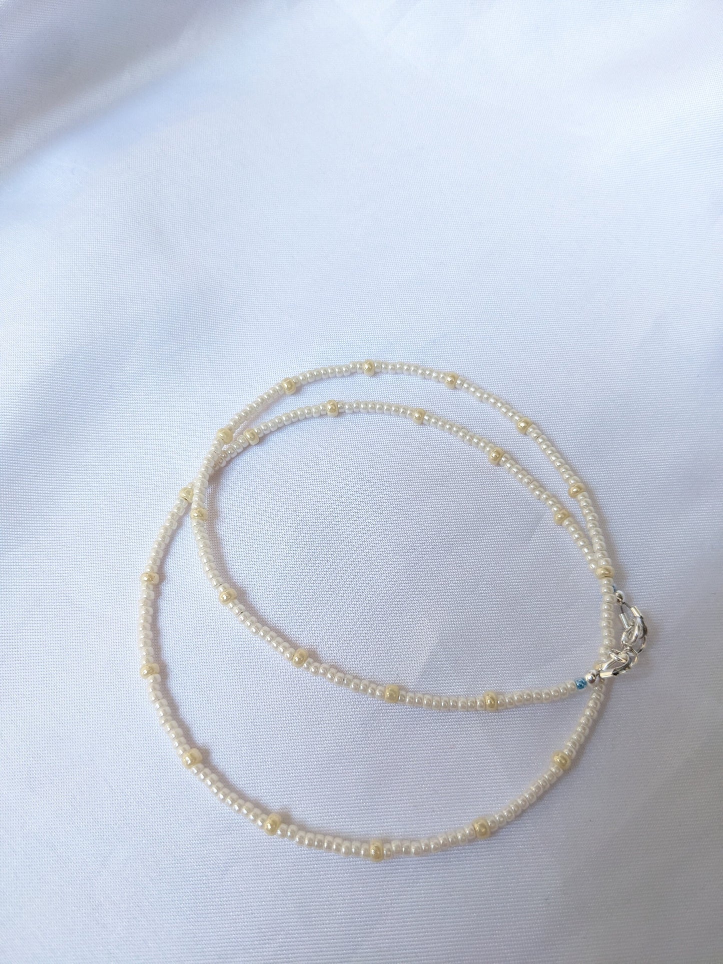 Seed Bead Pearl Necklace With Blue Accent Beads - Dainty Bridal Necklace