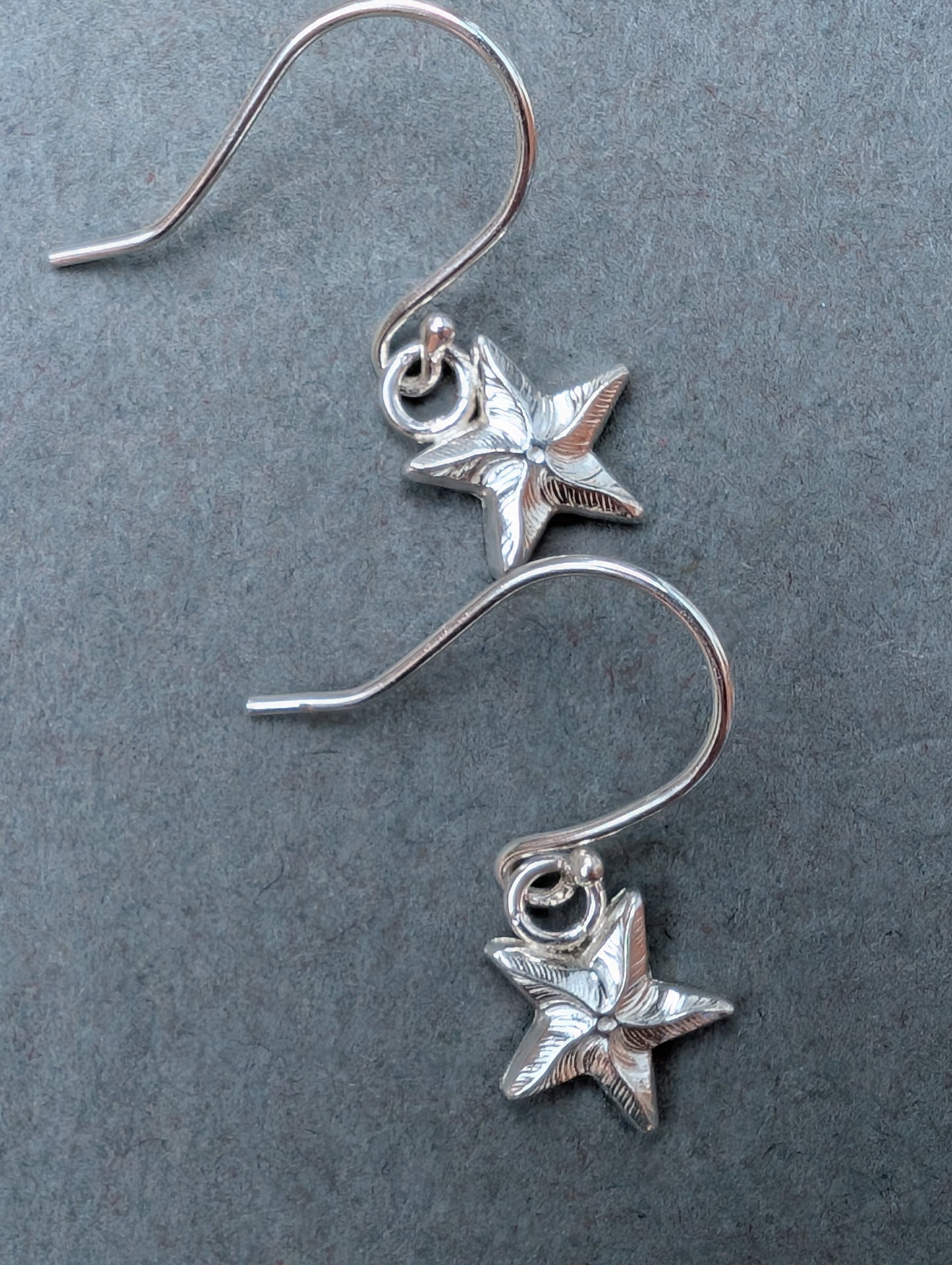 Sterling Silver Dainty Starfish Earrings | Cute recycled silver starfish dangle earrings