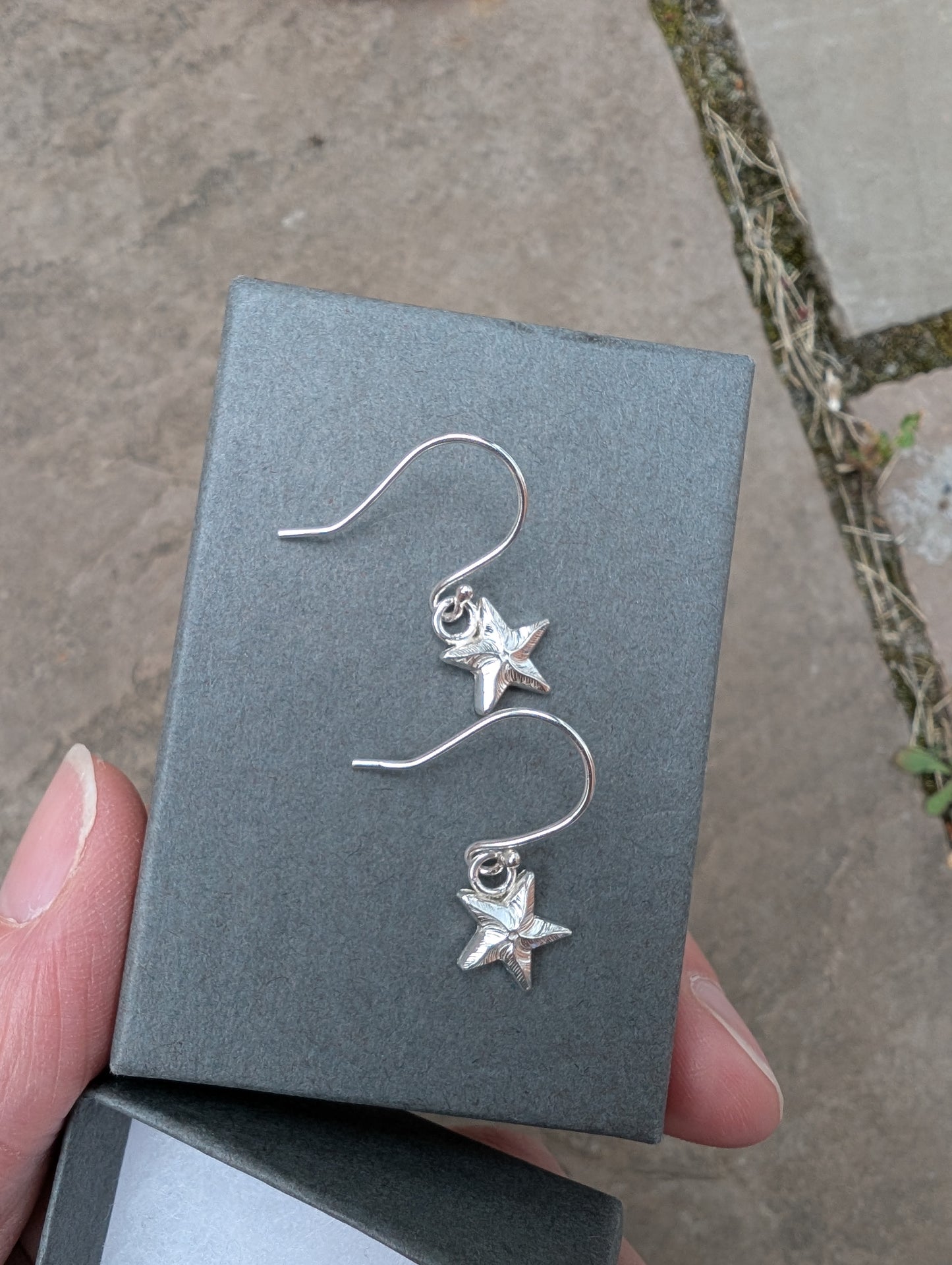 Sterling Silver Dainty Starfish Earrings | Cute recycled silver starfish dangle earrings
