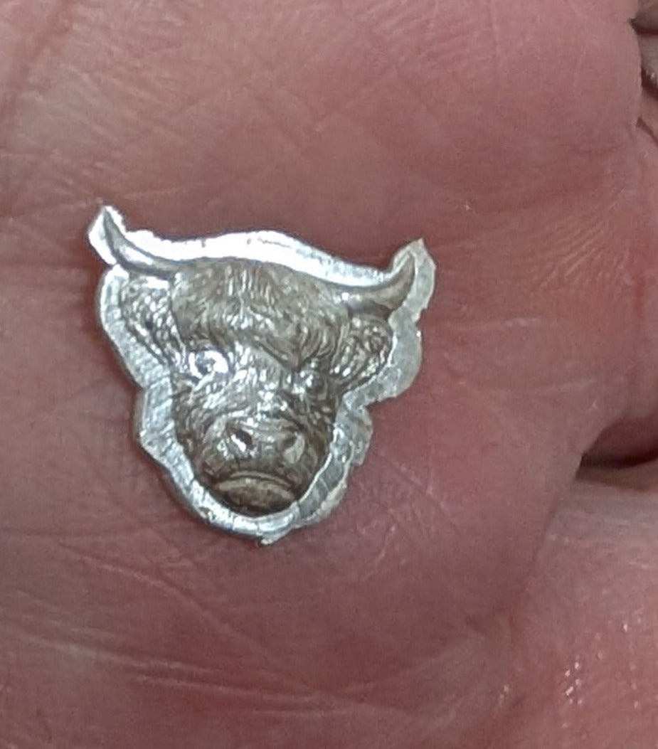Highland Cow Charm Earrings handmade from fine silver on a small sterling silver hoop or hook