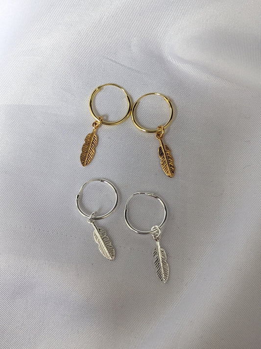 Small Silver and Gold Feather Hoop Earrings | 14mm Hoop Earrings with Feather Charms