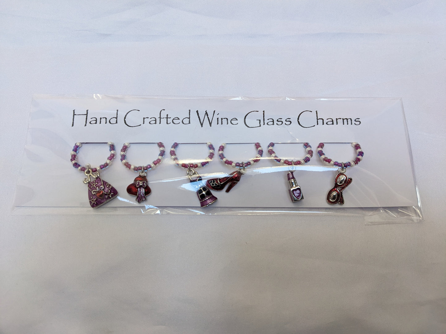 6 Girls Night Out themed pink purple beaded wine glass charms
