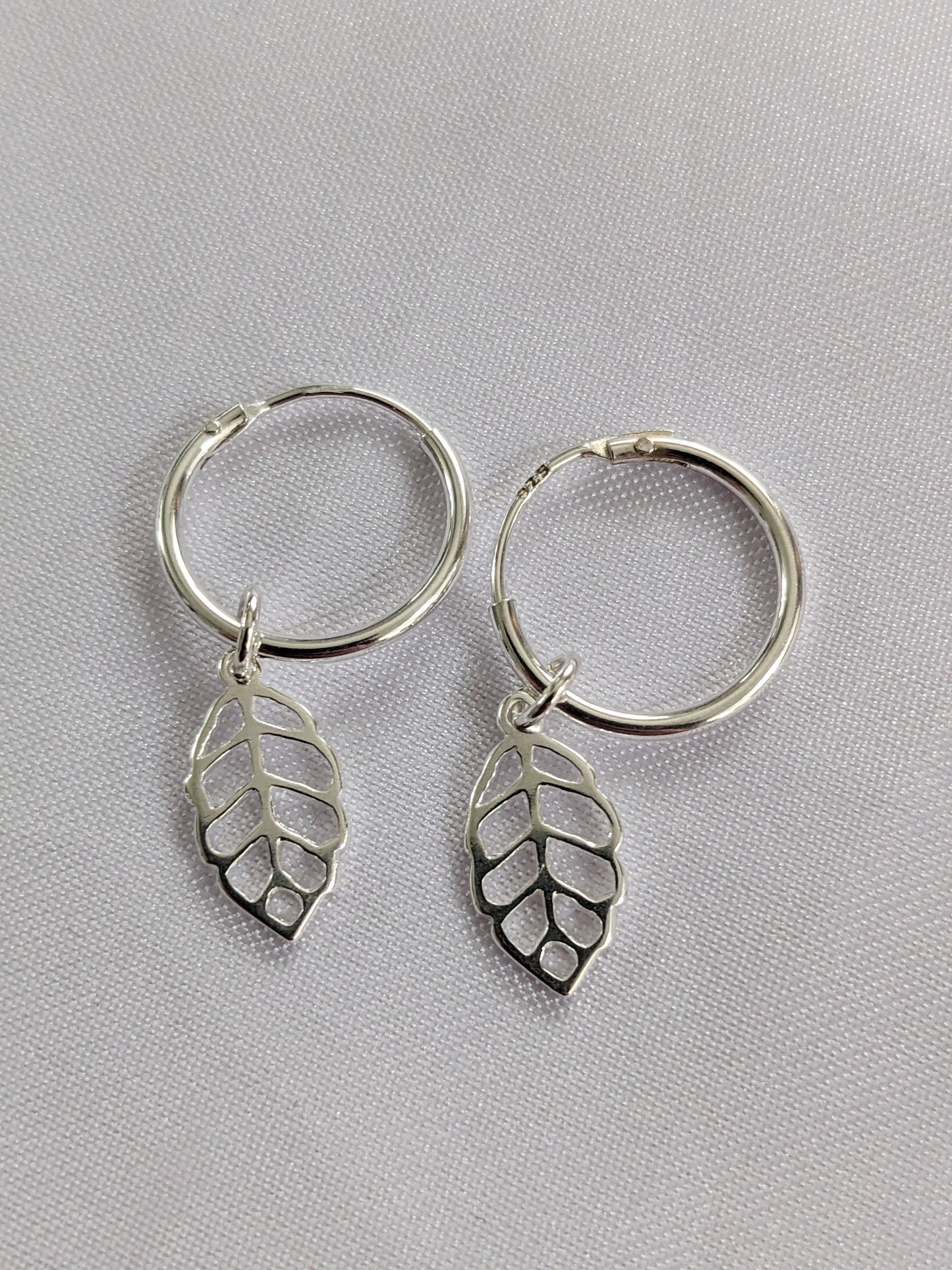 Sterling silver leaf small hoop earrings and necklace set, leaf charm earrings and pendant, sterling silver, delicate pretty earrings, 12mm Huggie hoops
