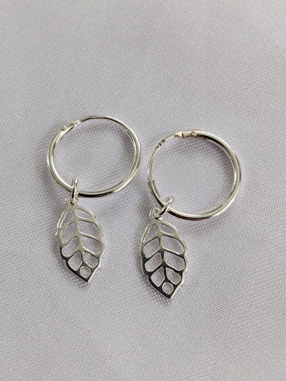 Sterling silver leaf small hoop earrings and necklace set, leaf charm earrings and pendant, sterling silver, delicate pretty earrings, 12mm Huggie hoops