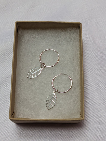 Sterling silver leaf huggie hoops | Small hoop earrings with leaf charm