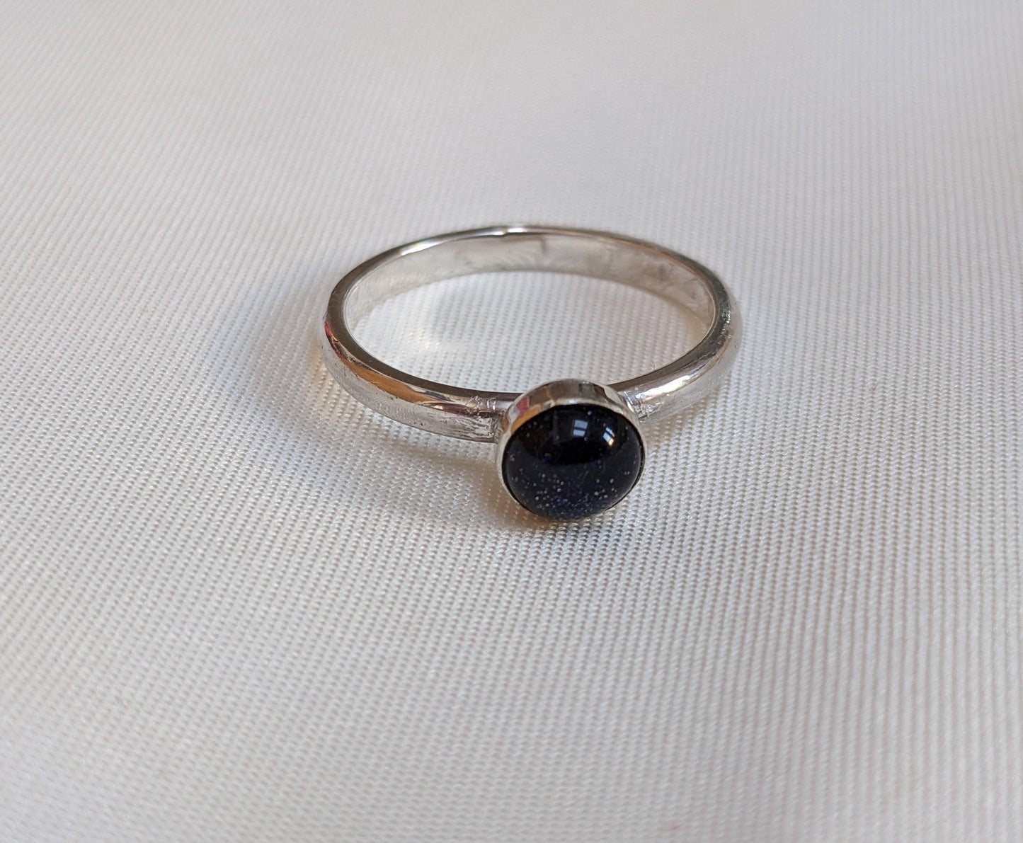 Blue goldstone Sterling Silver Ring, 2mm ring, glittery blue goldstone stacking ring