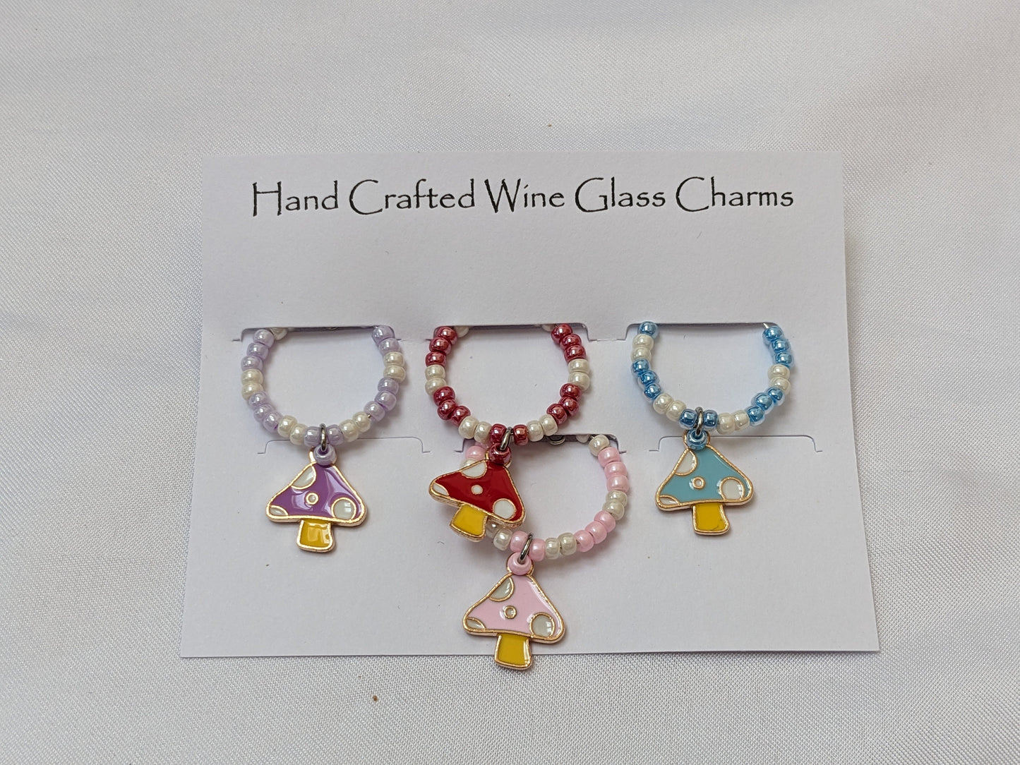 4 Toadstool Wine Glass Charms | Colourful Mushroom Stemmed Glass Identifiers