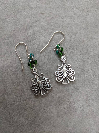Christmas Tree Earrings | Green Accent Bead Xmas Tree Earrings