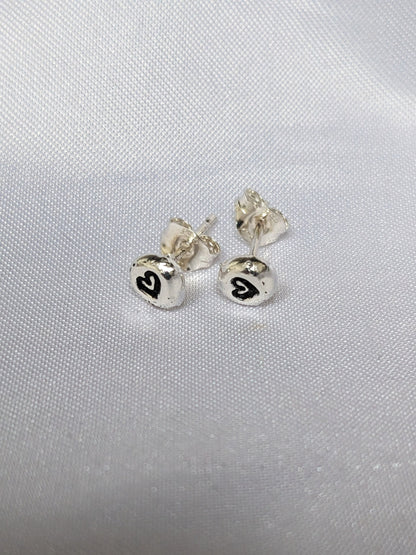 Sterling Silver Heart stud earrings | Handmade, hand stamped, small pebble studs