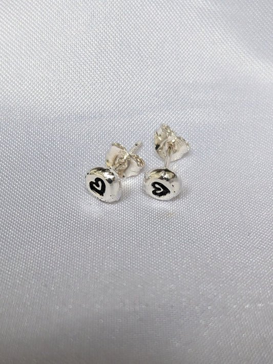 Sterling Silver Heart stud earrings | Handmade, hand stamped, small pebble studs