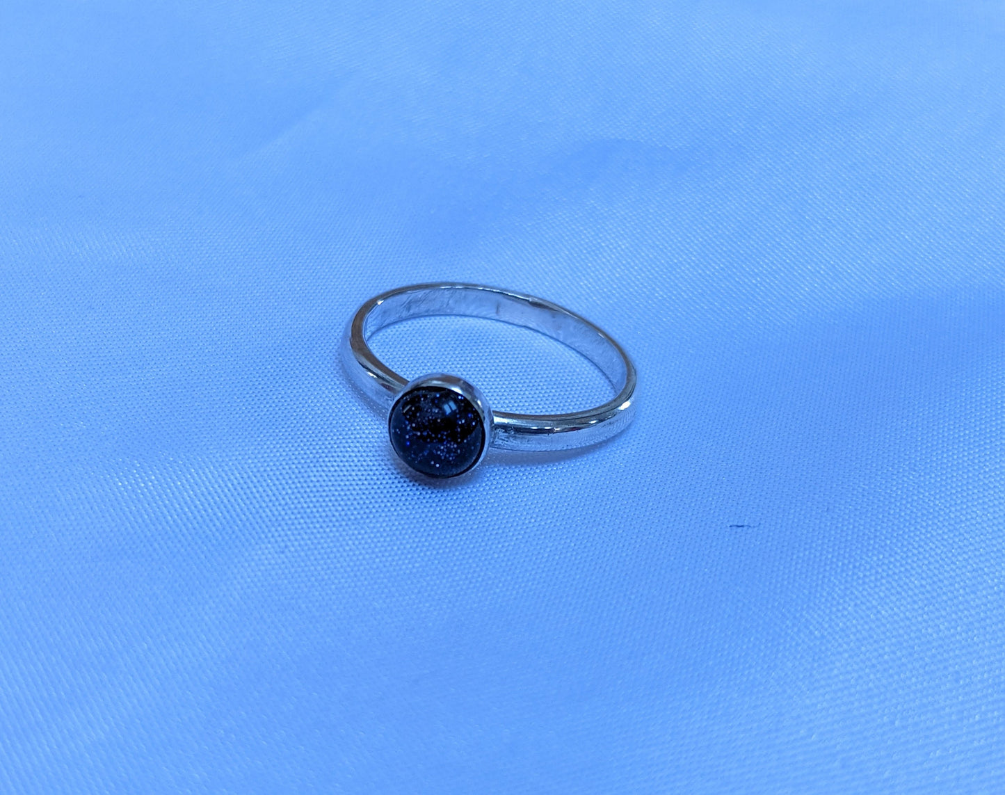Blue goldstone Sterling Silver Ring, 2mm ring, glittery blue goldstone stacking ring