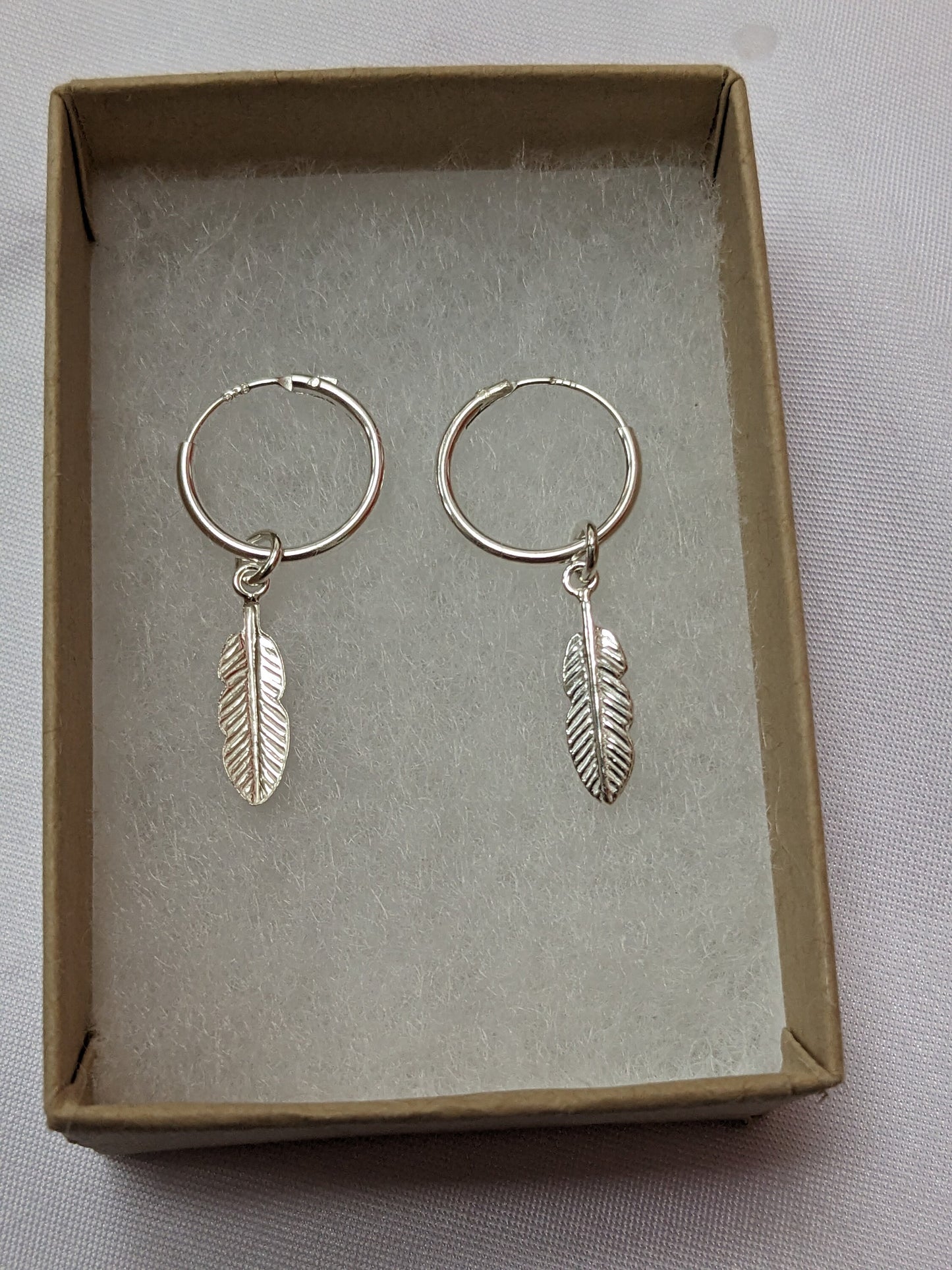 Small Silver and Gold Feather Hoop Earrings | 14mm Hoop Earrings with Feather Charms