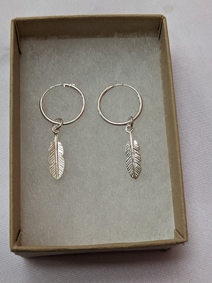Small Silver and Gold Feather Hoop Earrings | 14mm Hoop Earrings with Feather Charms