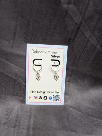 Sterling silver leaf huggie hoops | Small hoop earrings with leaf charm