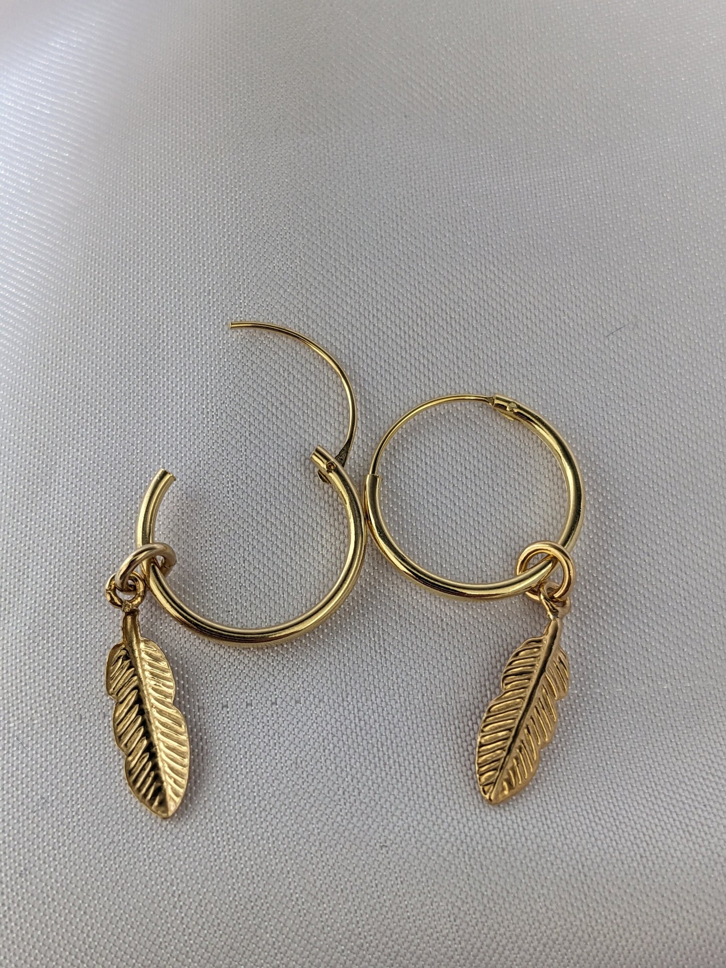 Small Silver and Gold Feather Hoop Earrings | 14mm Hoop Earrings with Feather Charms