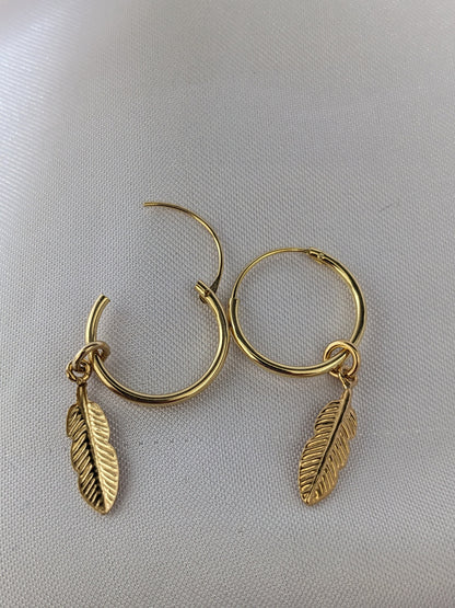 Small Silver and Gold Feather Hoop Earrings | 14mm Hoop Earrings with Feather Charms