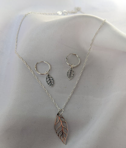 Sterling silver leaf small hoop earrings and necklace set, leaf charm earrings and pendant, sterling silver, delicate pretty earrings, 12mm Huggie hoops