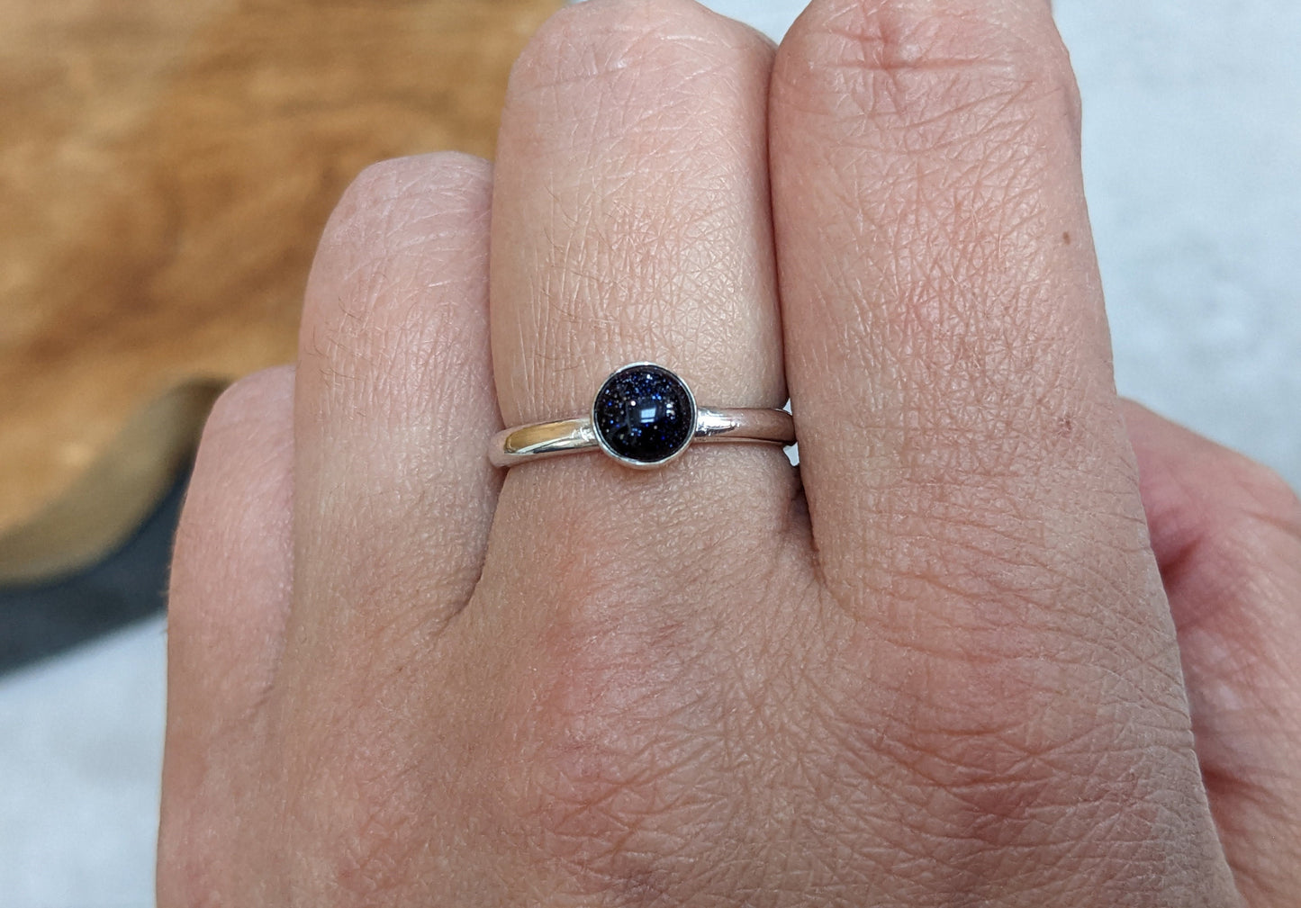 Blue goldstone Sterling Silver Ring, 2mm ring, glittery blue goldstone stacking ring