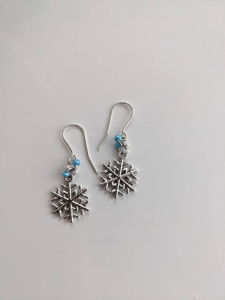 Snowflake earrings, Christmas earrings, festive fun jewellery, winter earrings, snowflake jewellery, blue, white and silver, silver plated