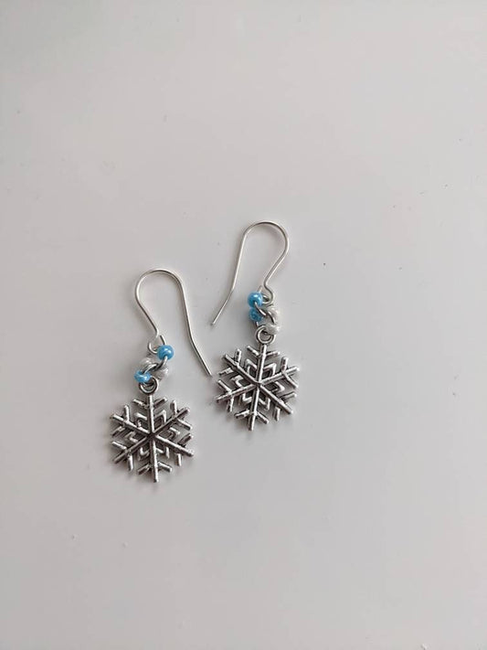 Snowflake earrings, Christmas earrings, festive fun jewellery, winter earrings, snowflake jewellery, blue, white and silver, silver plated