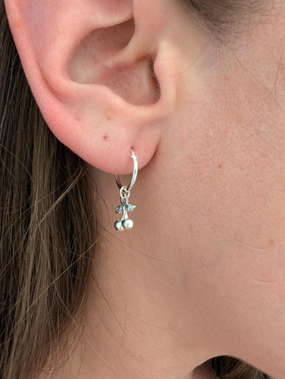 Cute sterling silver cherry on small hoops, cherry lover jewellery gift
