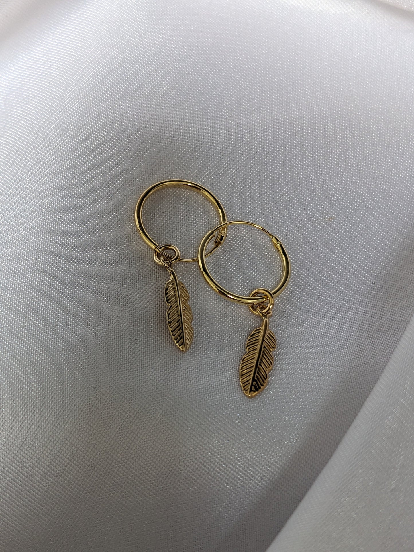 Small Silver and Gold Feather Hoop Earrings | 14mm Hoop Earrings with Feather Charms