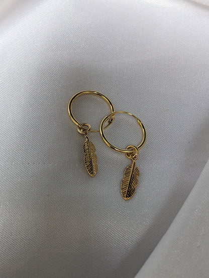 Small Silver and Gold Feather Hoop Earrings | 14mm Hoop Earrings with Feather Charms