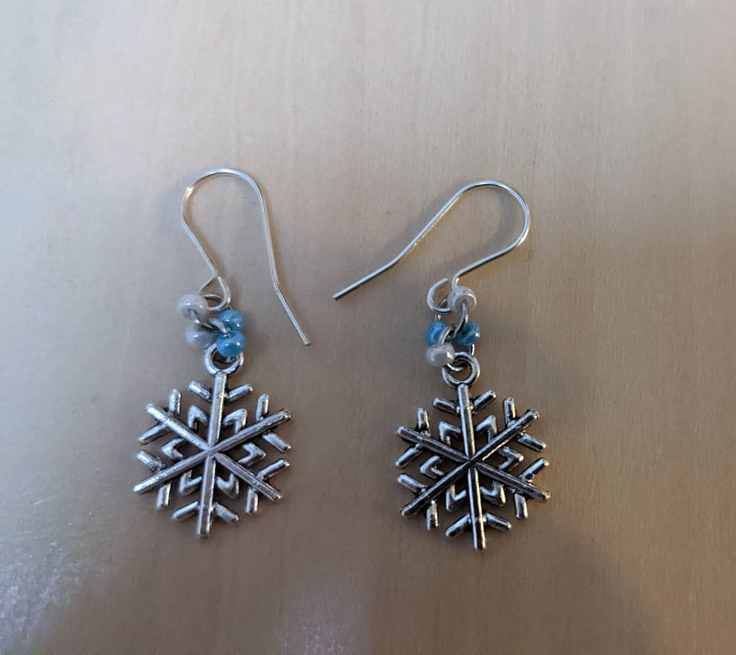 Snowflake earrings, Christmas earrings, festive fun jewellery, winter earrings, snowflake jewellery, blue, white and silver, silver plated