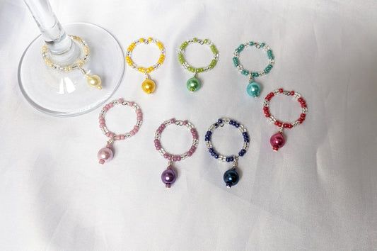 Coloured Wine Glass Charms - Wire Wrapped Pearlescent Glass Bead Wine Glass Charms